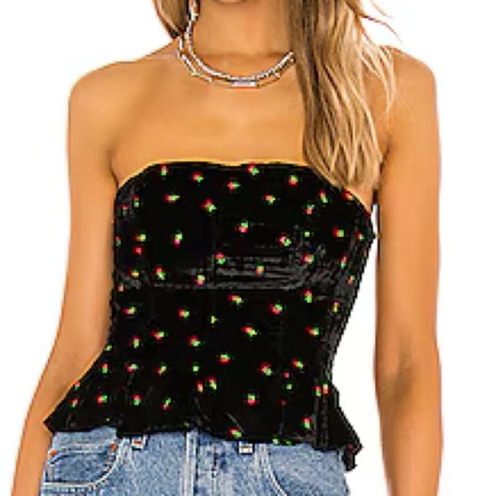 Free People Velvet Rosie Embroidered Peplum Waist Strapless Top Size M